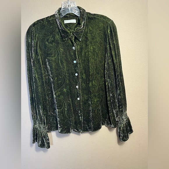 Kate Hill Tops - Kate Hill Petite Dark Green Crushed Velvet Paisley Button Down Blouse 8P Ruffle